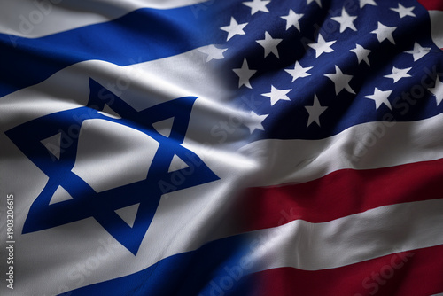 Close-up of Israel and United States flags blended on waving fabric background, geopolitical alliance, diplomacy, military cooperation, Middle East conflict and international relations concept