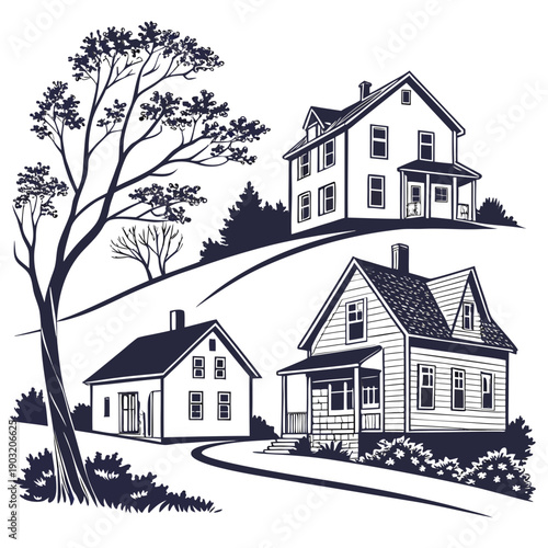 A quaint illustration of charming houses nestled in a serene neighborhood.
