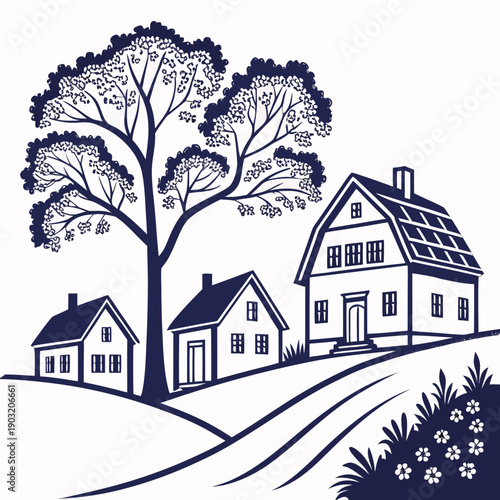 A serene village scene with houses nestled under a large tree on a hillside