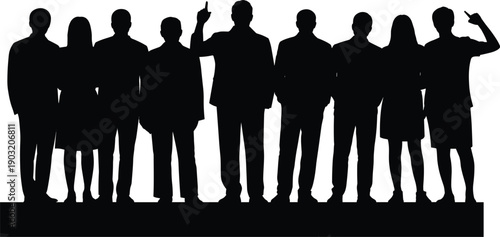 Silhouette of business people standing together as a corporate team, professional group unity and leadership concept, teamwork collaboration isolated on white background illustration.
