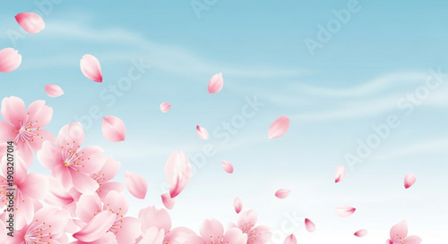 Pink cherry blossom petals falling against a serene blue sky with soft white clouds on a sunny day