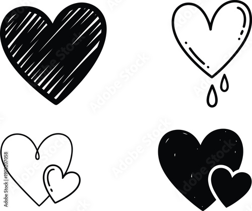 four different heart shapes in black and white colors