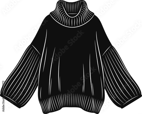 Silhouette of a black turtleneck sweater with ribbed cuffs and collar
