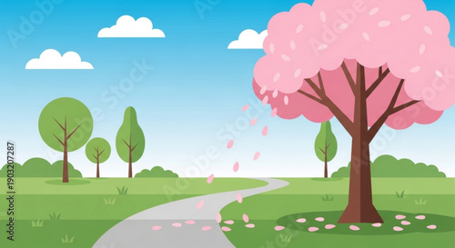 Serene landscape with blooming cherry blossom tree winding path green grass and clear blue sky with fluffy clouds
