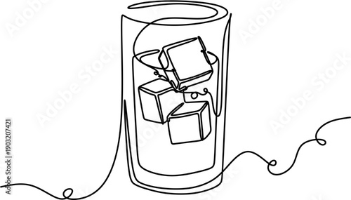 Continuous line drawing of a glass of water with ice cubes for refreshment concept.
