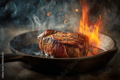 Intense beef steak meat sizzle on iron pan with flame smoke fire heat. Dramatic culinary scene shows hot roast protein cooking on dark metal skillet background with orange spark