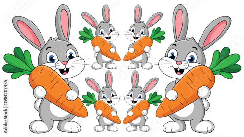 A cartoon illustration of five cute bunny rabbits holding large orange carrots with green leaves attached (2)_traced