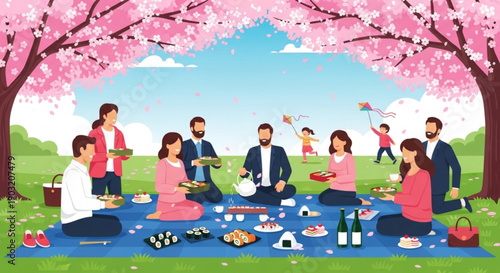 Group of friends having a picnic under blooming cherry blossom trees in a park on a sunny day