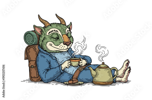 Cartoon creature relaxing with tea outdoors