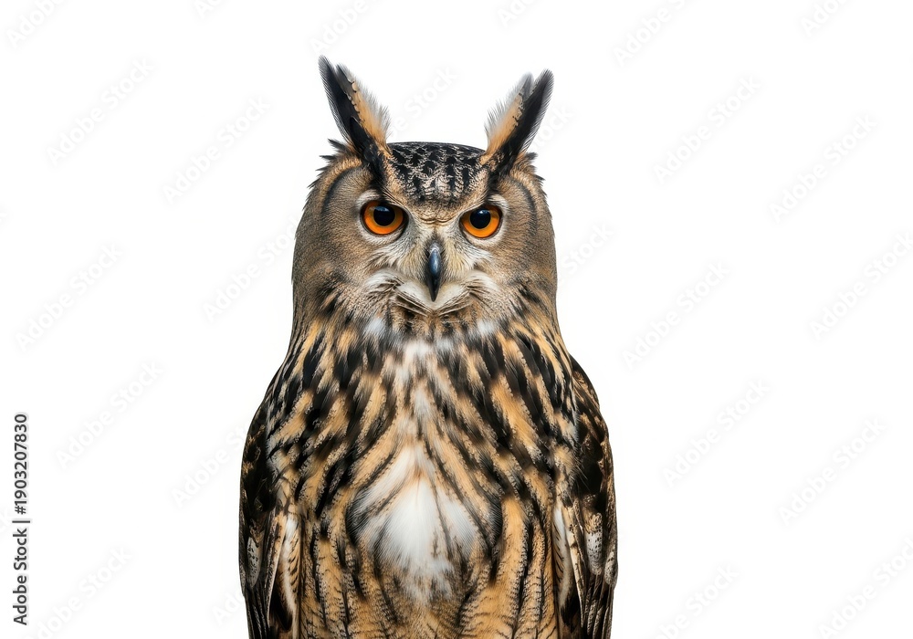Obraz premium Majestic bird of prey portrait features intense orange eyes and prominent ear tufts