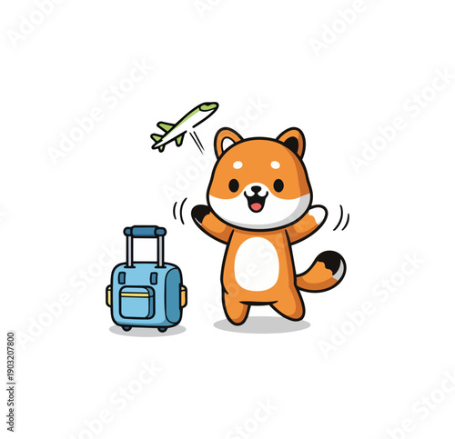 Cartoon fox with suitcase and airplane on black background