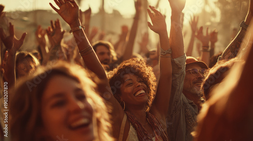 Diverse group celebrating success festival crowd concert sunset happiness outdoor. Joyful young adult feels ecstatic during warm golden hour summer music event