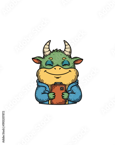 Cartoon monster holding device on black background