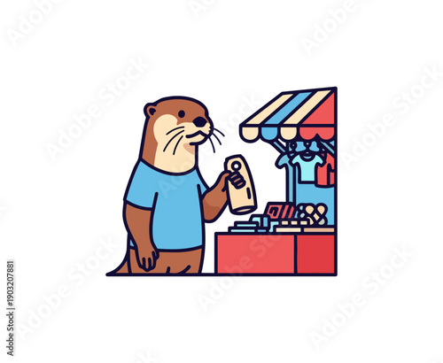 Cartoon otter at a market stall with merchandise on black background
