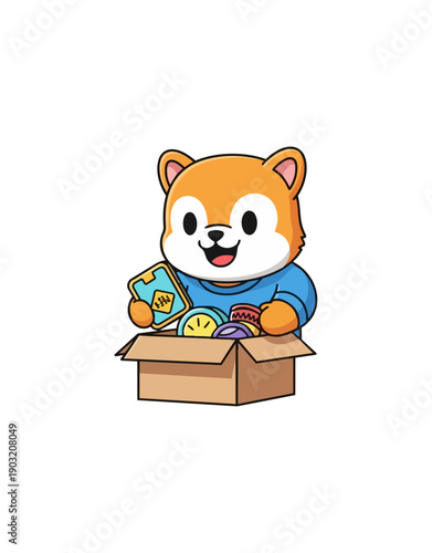 Cartoon shiba inu mascot character with box of objects isolated
