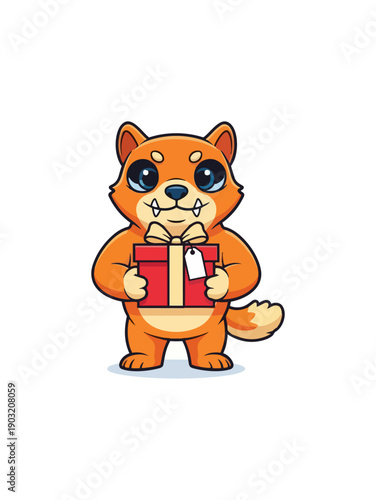 Cartoon shiba inu dog holding present gift box isolated