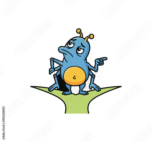 Cartoonish insect character with multiple limbs contemplating direction on an arrow