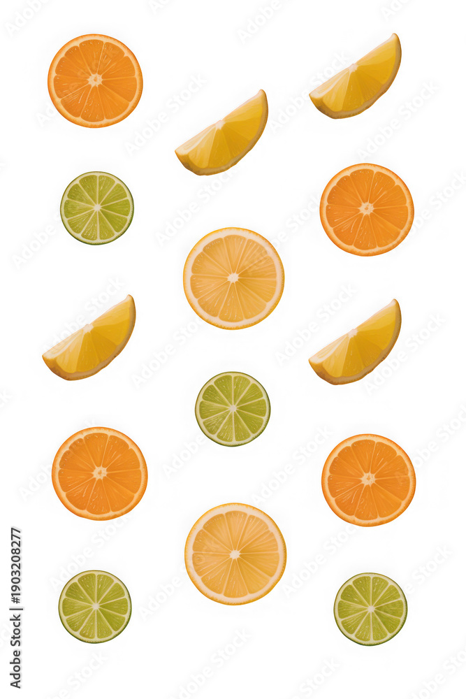 Obraz premium Assortment of citrus fruit slices and wedges: oranges, lemons, and limes, arranged on white background