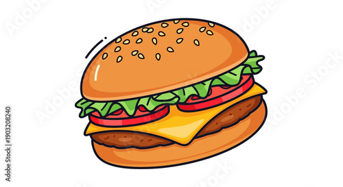 A delicious and colorful cartoon hamburger illustration with all the classic ingredients ready to