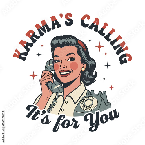 Karma’s Calling Retro Woman on Telephone Vintage Illustration