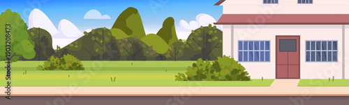 Residential building exterior in a suburban neighborhood, featuring a road, sidewalk, trees, shrubs, a green lawn in the front yard, and a blue sky with clouds. Vector Not AI generated