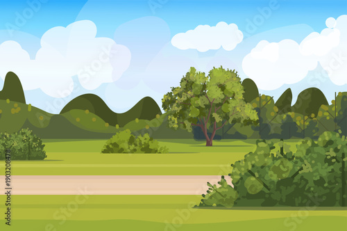  Summer valley landscape with a walking path, trees, green grass, bushes  and white clouds in a blue sky. Woodland, park, environment backdrop. Vector Not AI generated