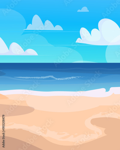 Scenic ocean or sea coastline with a cloudy sky above. Summer vacation, tropical resort. Vector Not AI generated