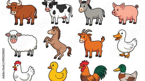 A cartoon illustration of twelve farm animals arranged in a 3x4 grid against a white background (2)_traced