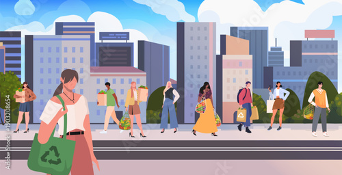 Young woman walking along a city sidewalk, carrying a green reusable shopping bag with a recycling symbol. Highlights urban sustainability and everyday green habits. Vector. Not AI generated.