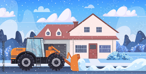 Orange snow plow clearing a snowy street near a home and ensuring safe road conditions. Winter suburban landscape. Vector Not AI generated
