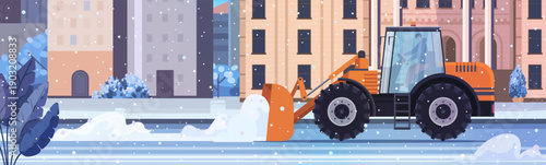 Winter cityscape with orange snow removal machine clearing snowy streets. Transportation safety in snowy conditions. Vector Not AI generated