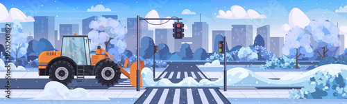 Snowplow clearing snow from a crosswalk at an intersection. Winter road safety. City infrastructure in snow. Vector Not AI generated