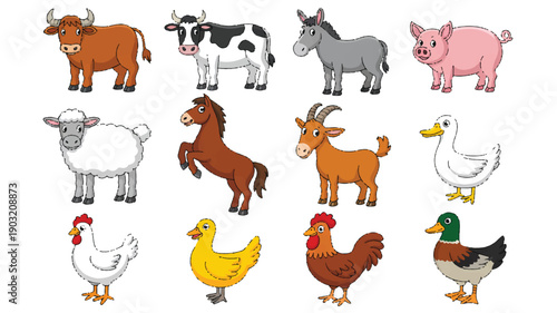 A cartoon illustration of twelve farm animals arranged in a 3x4 grid against a white background (3)_traced
