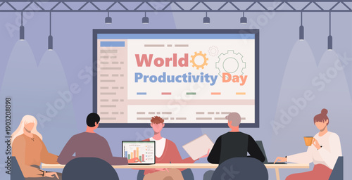 World Productivity Day. Group of businesspeople in team brainstorm meeting. Teamwork concept. Vector Not AI generated