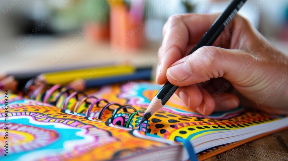 Fototapeta premium Hand Holding Colorful Pencil Sketching Intricate Design in Vibrant Coloring Book on a Wooden Table