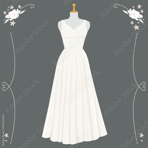 Stylish white wedding dress on a mannequin. Pretty bridal elegant gown for reception, stylish background with flowers and pearls. Vector illustration