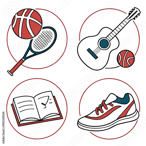 A vibrant illustration showcasing various sports and hobbies including tennis, music, and reading Vector