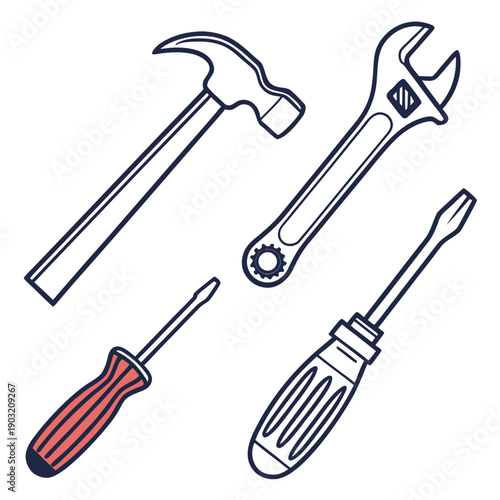 A variety of tools including a hammer, wrench, screwdriver, and pliers Vector