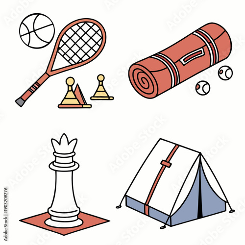 A collection of sports equipment and camping gear arranged neatly on a white background Vector