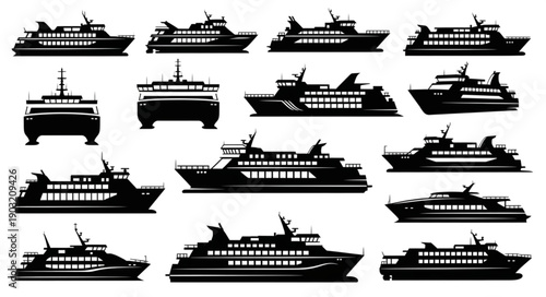Collection of Ferry Boat Silhouettes Isolated on White Background.