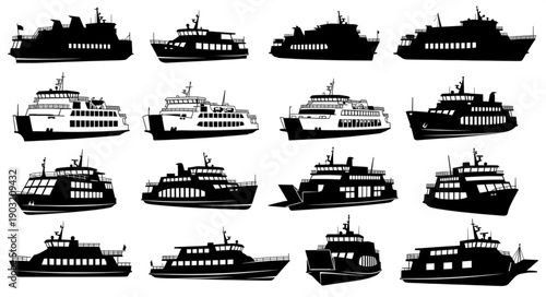 Collection of Ferry Boat Silhouettes Isolated on White Background.