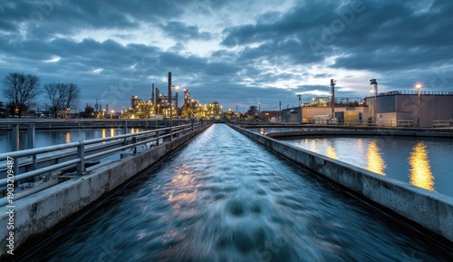 Wallpaper Mural Vibrant photo of Wastewater Treatment Plant at Twilight with Flowing Water in Concrete Channels Torontodigital.ca