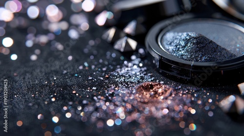 Close-Up View of Shimmering Cosmetic Glitter and Makeup Products on a Dark Textured Surface
