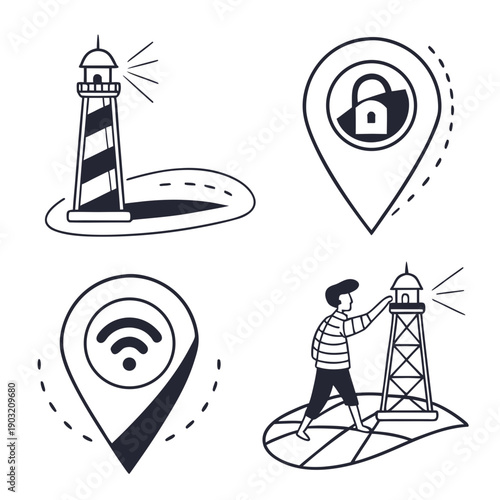 Illustration of various icons representing navigation and connectivity. Vector