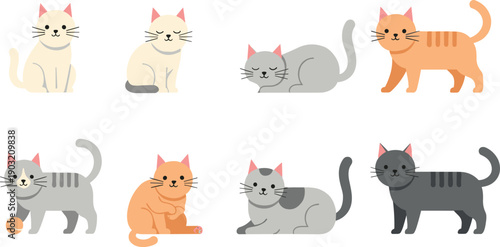 Cute Cartoon Cat Illustration Set with Different Poses and Colors Friendly Pet Animal Characters for Kids and Creative Design