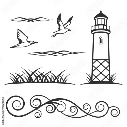 A serene scene of a lighthouse with birds flying in the sky and grass at the base. Vector