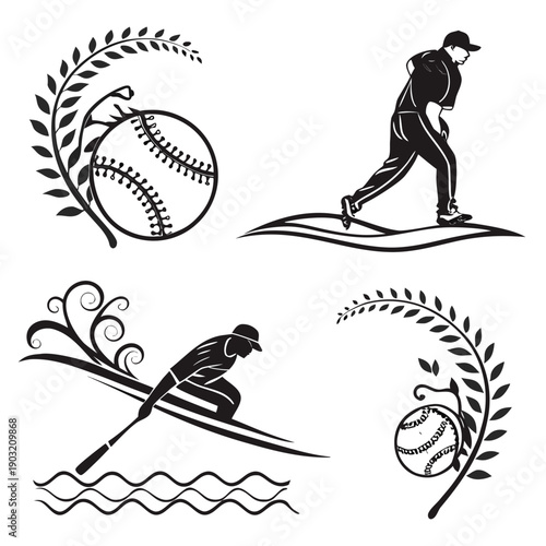 Illustration of various sports and activities including baseball, skiing, and sailing Vector