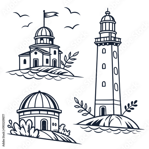 A picturesque illustration of a lighthouse, church, and dome with birds flying in the sky Vector