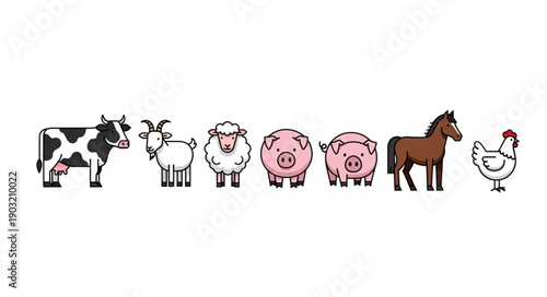 Collection of Farm Animals in a Row.