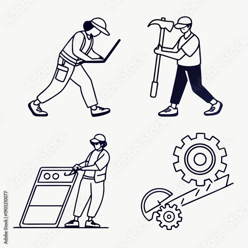 A collection of images depicting various industrial and manufacturing processes Vector